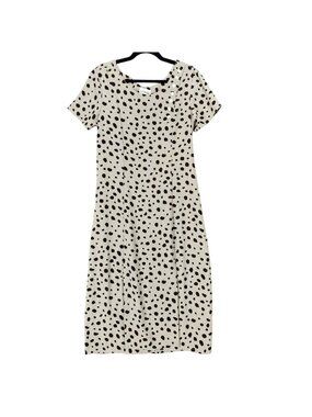 Good Dress Womens Large Tan Polka Dot 100% Slik Short Sleeve Midi